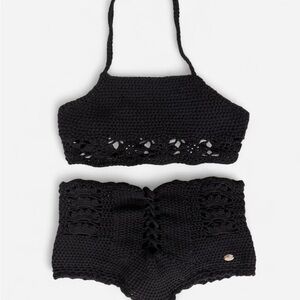 Crochet Black Two-Piece Halter Top & High-Waist Shorts